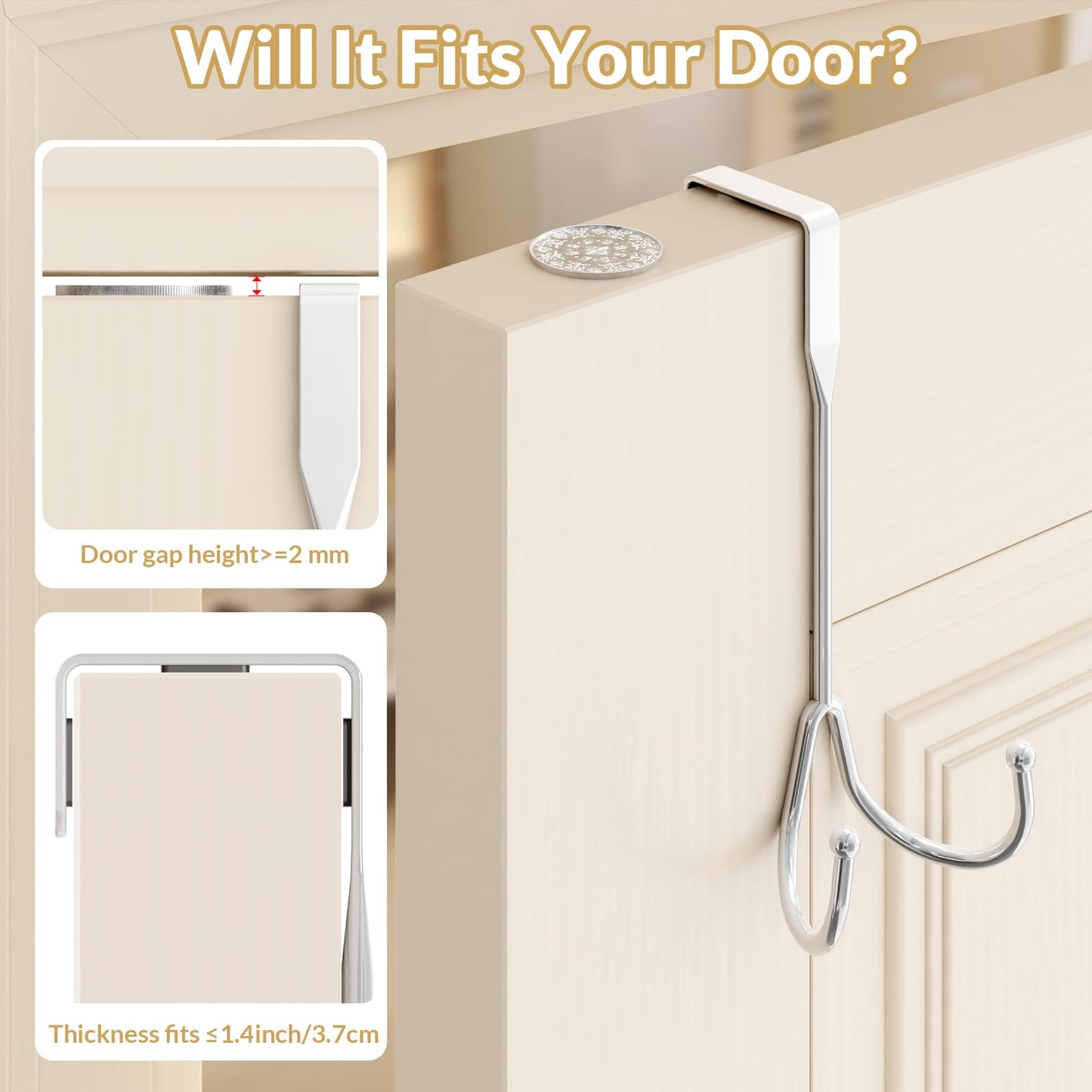 2 Pack Over The Door Hooks, Over The Door Hanger Heavy Duty Metal Double Hook, Over The Door Towel Rack for Bathroom, Door Hanger Hook & Door Coat Hanger for Coats, Robes, Towels, Bags (Silver)