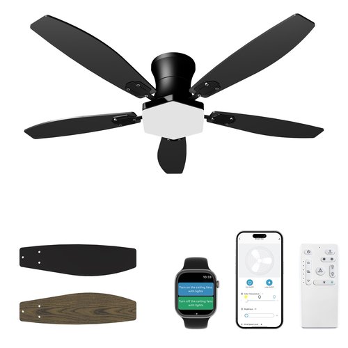 Floisdace Ceiling Fan with Lights and Remote Control,42 Inch Low Profile Flush Mount, Black Ceiling Fan with Quiet Reversible Motor, 3CCT Dimmable LED, Modern Ceiling Fans for Bedroom, Indoor, Outdoor