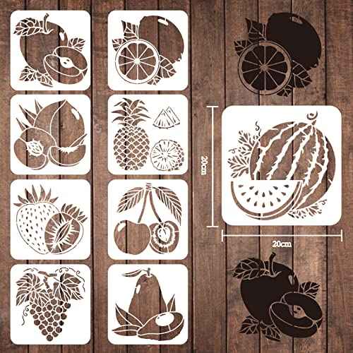 FINGERINSPIRE 9 Pcs Fruits Stencils 7.87x7.87inch Plastic Lemon Fruit Watermelon Stencils Peach Pear Cherry Strawberry Grape Reusable Fruit Theme Stencils for Painting on Wood Wall Floor