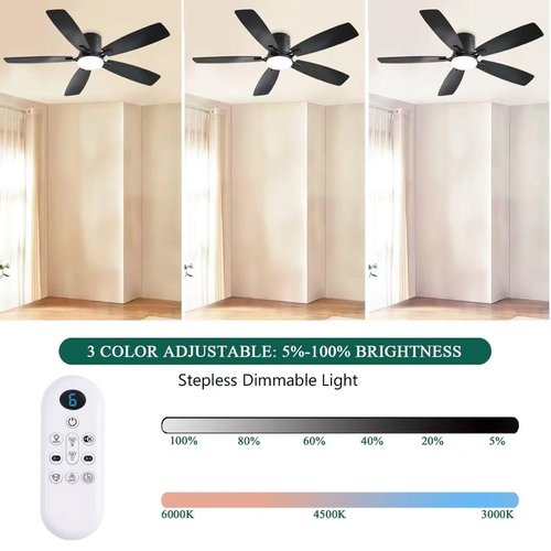 52inch Ceiling Fans with Lights, Low Profile Ceiling Fan with Light and Remote/APP Control, Flush Mount, Reversible Motor, Dimmable LED, Noiseless, Black Ceiling Fan for Bedroom Indoor Outdoor Use