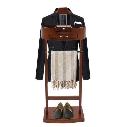 CAIHAOA Suit Valet Stand, Freestanding Clothing Valet Stand with Drawer Top Tray, 10kg Load Capacity Wood Suit Rack, Mens Valet Stand with Base for Bedrooms, Living Rooms, Hallways, Foyers