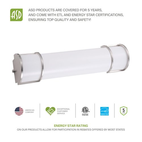 ASD LED 24 Inch Flush Mount Vanity Lighting Fixture | 25W 1950LM 3000K-5000K 120V | 3CCT, Dimmable, Energy Star, ETL Listed | Bathroom Linear Wall Light Bar, Long Tube Bath Sconce | Nickel