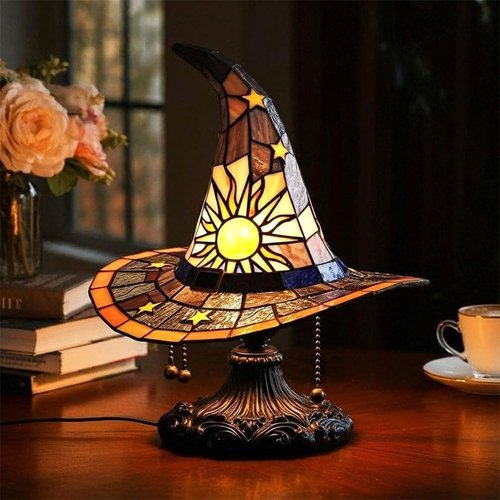 Witch Hat Lamps - Handcrafted Stained Gothic Wizard Hat Lights for Decor, Mystical Bedroom Ambiance & Wiccan Gifts，Light with Glow-in-The-Dark Figurine for Bedroom (Green)