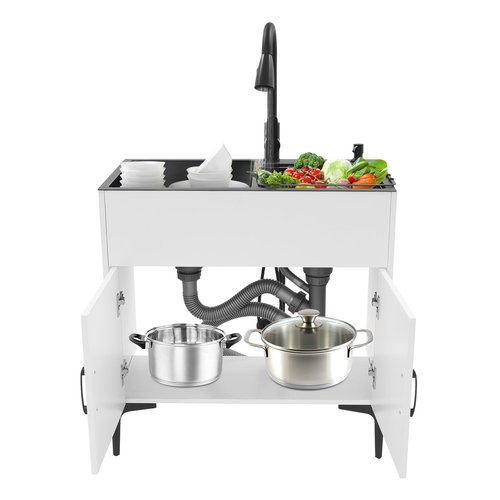 Knwigoe 30in Laundry Sink with Cabinet and Pull-Out Sprayer Faucet,Stainless Steel Utility Sink with Double Bowl, Soap Dispenser, Drain Basket Freestanding Kitchen Sink for Laundry Room, Garage White