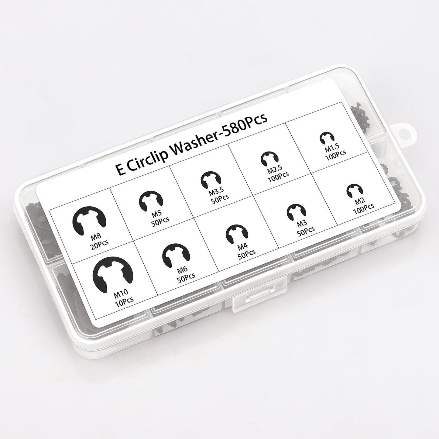 580PCS Black Alloy Steel E-Clip Assortment Kit, E-Clip Assortment Set Include 10 Sizes, Retaining Rings for Bearings, Gears, Pulleys, Axles (M1.5-M10)