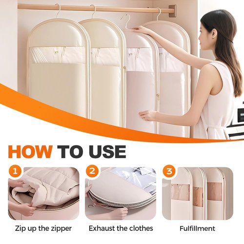 2025 Space Saving Hanging Garment Bag with Self Compression Zipper, Dust Cover Clothes Bags for Down Coat, Heavy Duty Closet Organizer Garment Bags for Closet Storage (Beige, Large)
