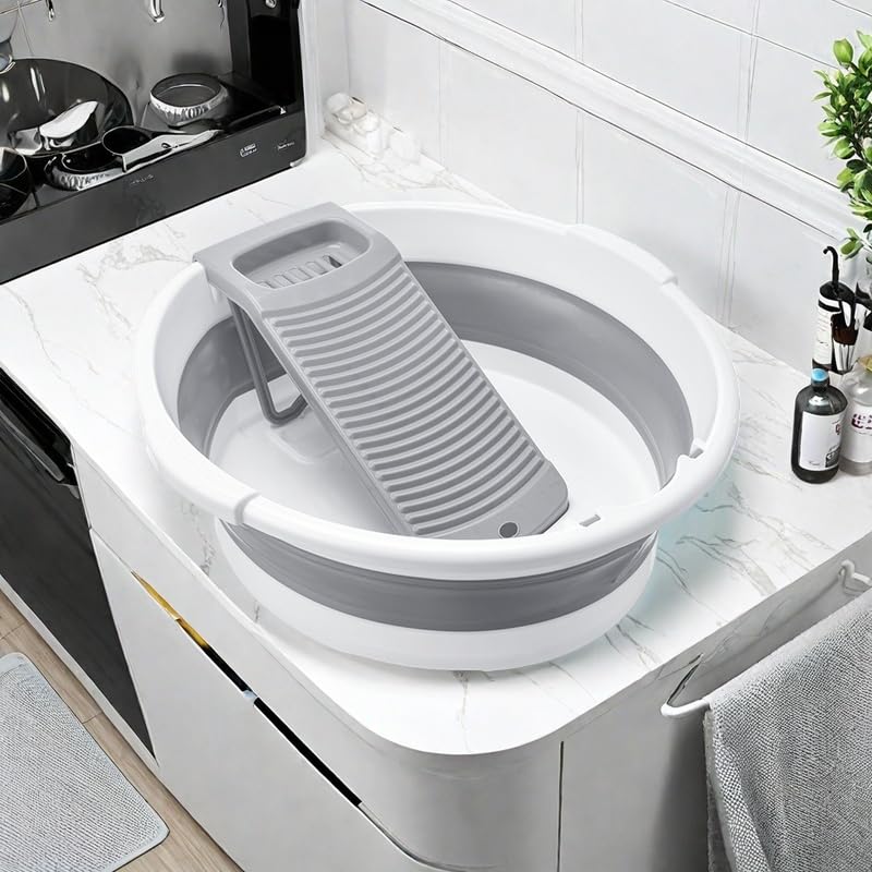 MEOENFT Gray Large Collapsible Laundry Basin with Removable Washboard