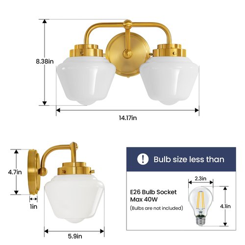 RUIYEY Bathroom Vanity Light Fixtures: 2-Lights Gold Bathroom Lighting Fixtures Over Mirror, Mid-Century Modern Wall Sconces with Frosted Milky Glass for Kitchen Bedroom Hallway