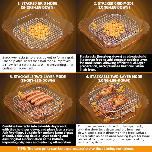 HONYAO Square 8'' Air Fryer Rack Set - 2x Stainless Steel Multi-Layer Grids