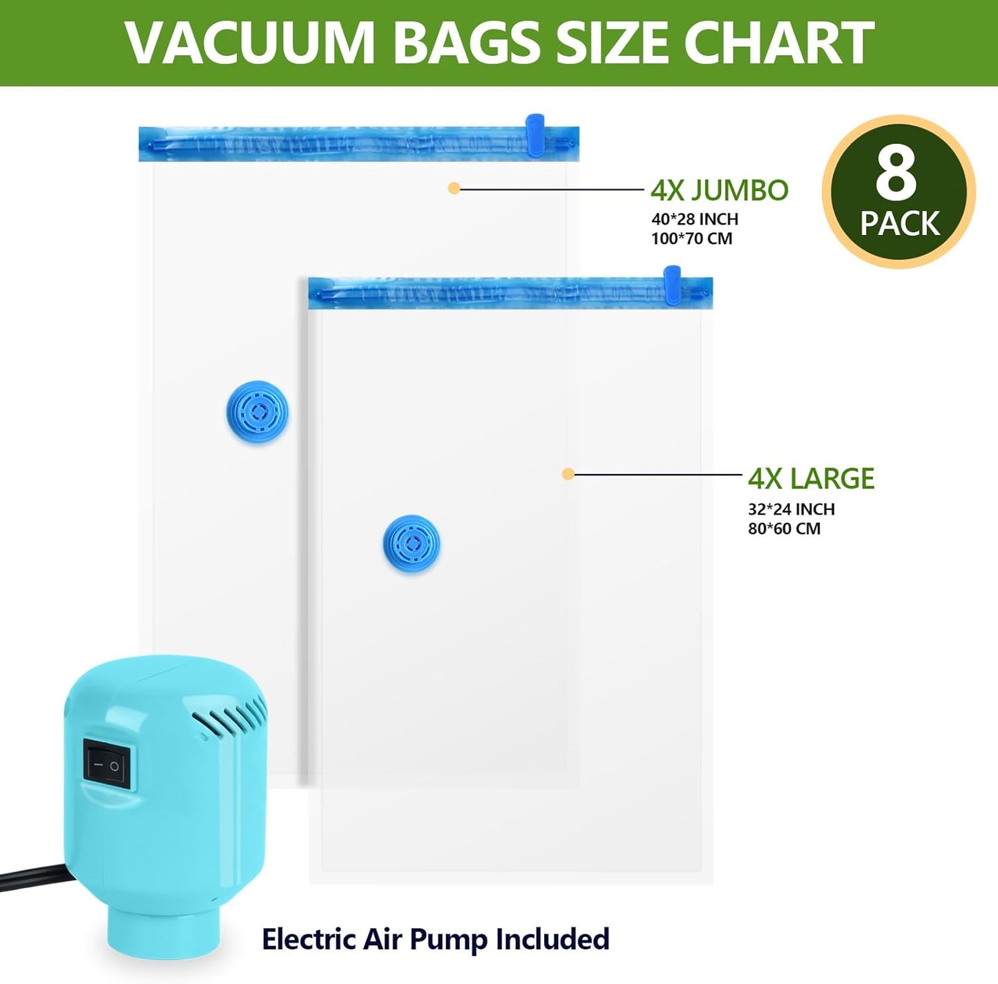 Vacuum Seal Bags for Clothing with Electric Pump, 15 Pack (3 Jumbo 3 Large 3 Medium 3 Small 3 Roll Up) Space Bags Vacuum Storage Bag for Travel, Luggage, Blankets, Bedding