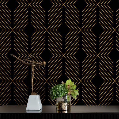 Black and Gold Peel and Stick Geometric Wallpaper - Modern Contact Paper for Cabinets and Drawers - Removable Self Adhesive Vinyl 17.1'78.7'