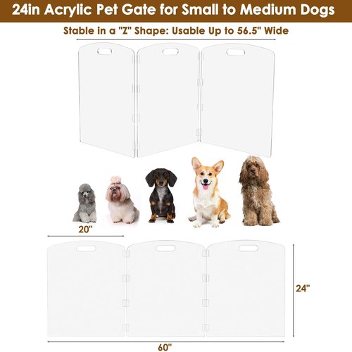 Feoyoho Acrylic Pet Gate Freestanding Foldable - Clear Dog Cat Gate for Doorways Stairs House - No-Drill Indoor Barrier Fence (24" Height-3 Panels)