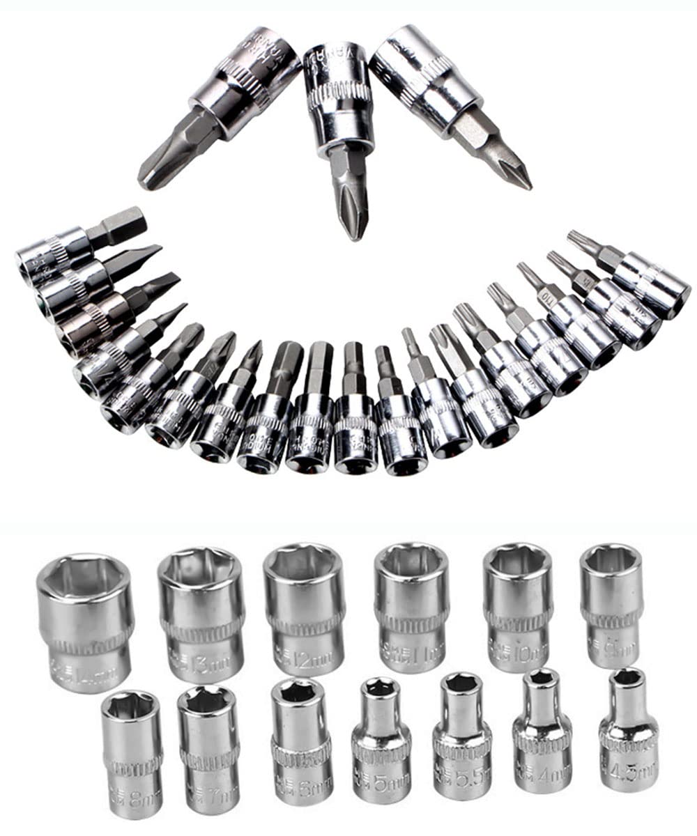YWHWLX 46 Pieces 1/4 in. Drive Ratchet Socket Wrench Set with Quick-Release Ratchet,Includes Metric Bit Sockets and Extension Bar for Car Repair and Home Maintenance