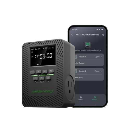 2025 MARS Hydro ITime 2-in-1 Smart Timer Outlet Dual Outlet App Control Custom Programmable 12 On/Off Heavy Duty Plug-in Outlet Timer with Countdown Setting