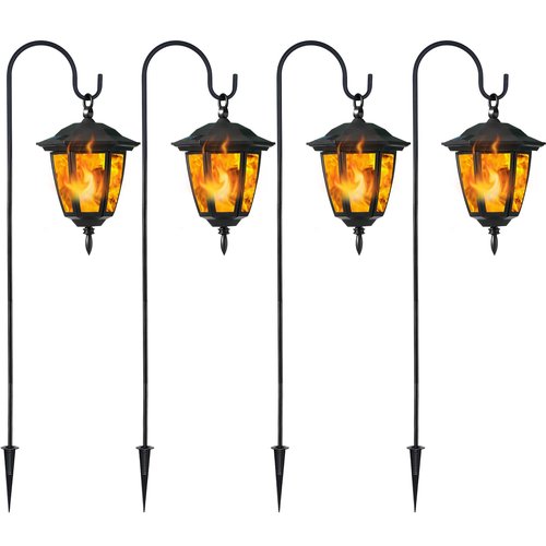 Dynaming 4 Pack Solar Flame Hanging Lights Outdoor, Solar Flickering Flame LED Garden Lanterns with 4 x 38 Inch Shepherd Hooks, Landscape Lighting Waterproof for Lawn Patio Yard Pathway Driveway