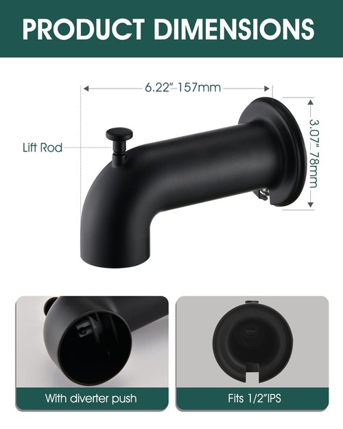 LOCALAND Extra Long Tub Spout with Diverter, Fits for 1/2" IPS Threads,Matte Black