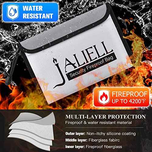 2 Pack Fireproof Money Bag (9.5x6.5''), Non-itchy Waterproof Fireproof Bag with Zipper, Small Fire Proof Money Bag for Cash, Valuables, Passport, Currency & Keys (Black & Grey)