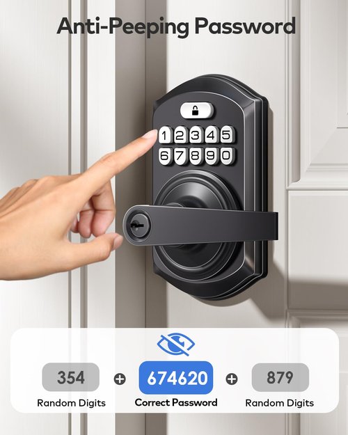 TEEHO TE004 Keyless Entry Keypad Door Lock with Handle - Front Digital Door Electronic Deadbolt with Anti-Peeping, Auto Lock & Passage Mode - Easy Installation - Matte Black