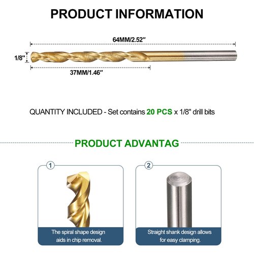 METALLIXITY Drill Bit (1/8") 20Pcs, 4241 High-Speed Steel Straight Shank Titanium Nitride (TiN) Coated 118° for Wood Plastic Iron Copper Aluminum Low Soft Metal