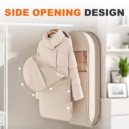 2025 Space Saving Hanging Garment Bag with Self Compression Zipper, Dust Cover Clothes Bags for Down Coat, Heavy Duty Closet Organizer Garment Bags for Closet Storage (Beige, Large)