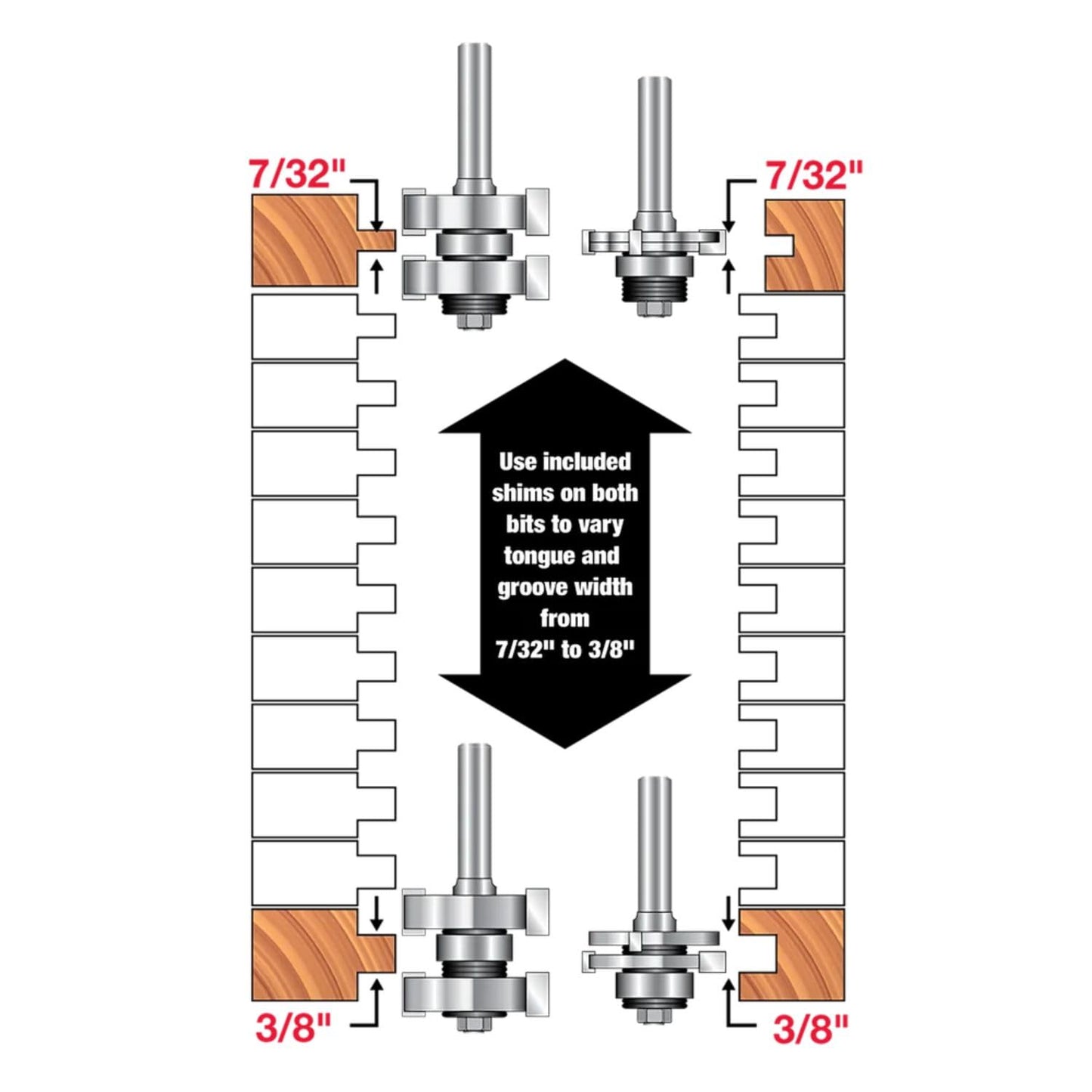 Freud Adjustable Tongue & Groove Bit Set - Ideal for Joinery & Cabinet Doors - 1-3/4" Diameter, 1/2" Shank, .002" Adjustments Increments - 99-036