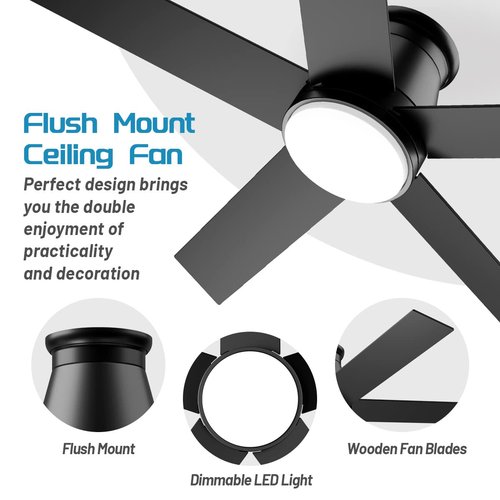 wurzee 60 inch Flush Mount Ceiling Fan Black Ceiling Fans with Lights 6 Speeds DC Reversible Motor, Timing, Dimmable, 5 Blades for Study, Nursery, Indoor Patio Porch Garage Shop