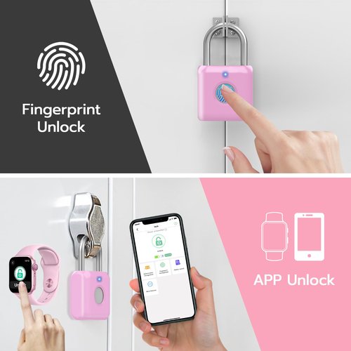 Fingerprint Padlock eLinkSmart Gym Locker Lock for Girls Women with Phone App iOS Watch Metal Keyless Combination Locks for School Sports Locker Toolbox Hasp Storage Pink
