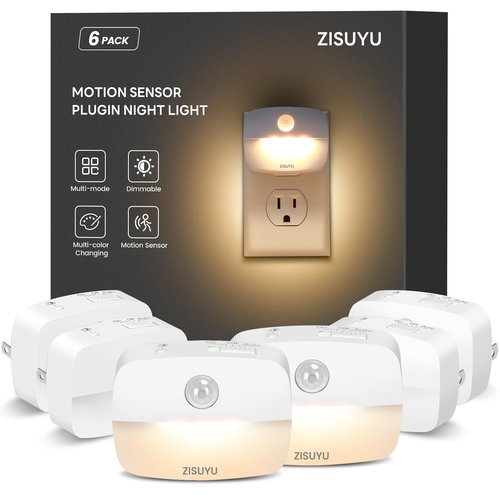 ZISUYU Plug-in LED Night Light with Motion Sensor, 10-60lm Dimmable Nightlight with Multi-Mode & Color-Changing, Ideal for Bedroom, Kitchen, Bathroom, Stairs, Hallway (6 Pack)