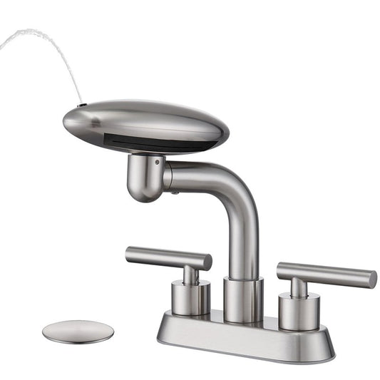 Bathroom Sink Faucet 3 Hole Brushed Nickel 4 Inch Centerset，4 Modes Waterfall Bathroom Faucet 2 Handle with 360° Swivel Spout & Pop Up Drain