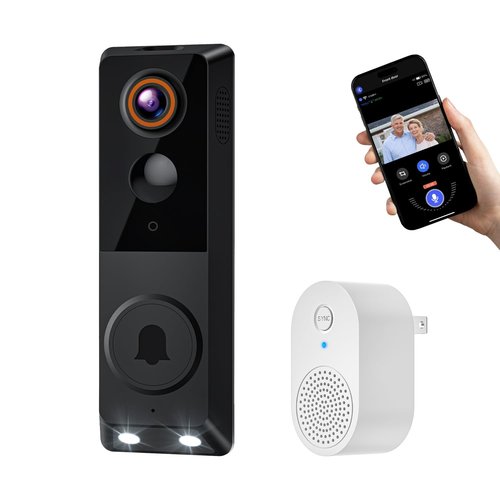 PyreQuad Video Doorbell Camera, 1080p, 2-Way Audio, Night Vision, AI Human Detection, Cloud Storage, Battery Powered, 2.4G Wi-Fi, Doorbell Receiver