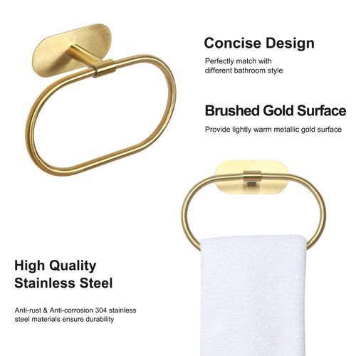 HouseAid Self Adhesive Towel Ring for Bathroom, Stainless Steel Adhesive Hand Towel Holder, No Drilling Modern Hand Towel Hanger, Brushed Gold