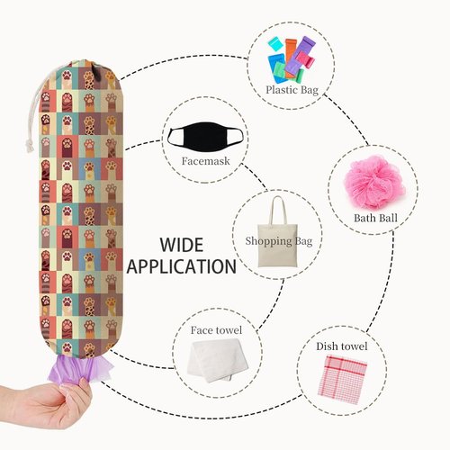 Dog & Cat Paws Bags Holder for Kitchen Essentials, Reusable Hanging Grocery Bag Organizer, Washable Large Grocery Trash Bags Storage Dispenser, Utility Gift for Dog Cat Mom