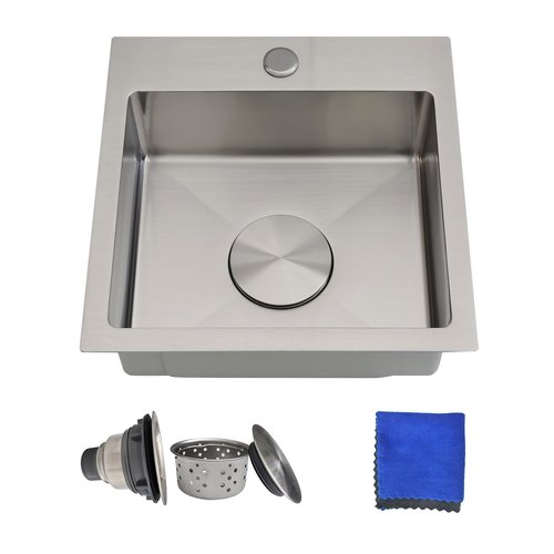 15 Inch Bar Sink Drop In - Delironexu 18 Gauge Stainless Steel Small Kitchen Sink, 15"x15" Single Bowl Square Wet Bar with Brushed Finish for Outdoor, RV, and Prep Use