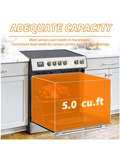 Garvee 30" Electric Range 5 Cu.Ft. Capacity with 4 Burners Glass Cooktop, Convection Oven, 6 Cooking Functions, Stainless Steel Freestanding Electric Range Oven with Front Control, Silver
