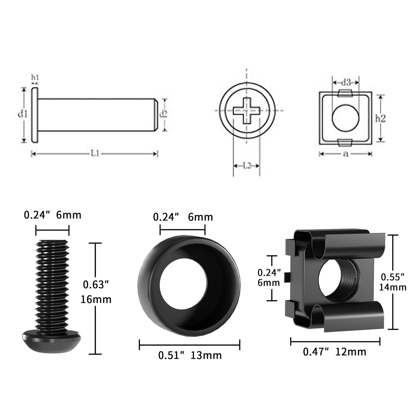 50 PACK M6 x 16mm Rack Mount Cage Nuts, Screws and Washers for Rack Mount Server Cabinet, Rack Mount Server Shelves, Routers, Rack Mount Screws and Square Insert Nuts, Self-Locking Cable Ties for Free