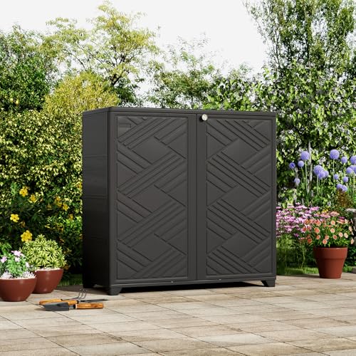 ZZM 34W x 15D x 34H Outdoor Storage Cabinet with 2 Shelves, Black - Waterproof HDPE