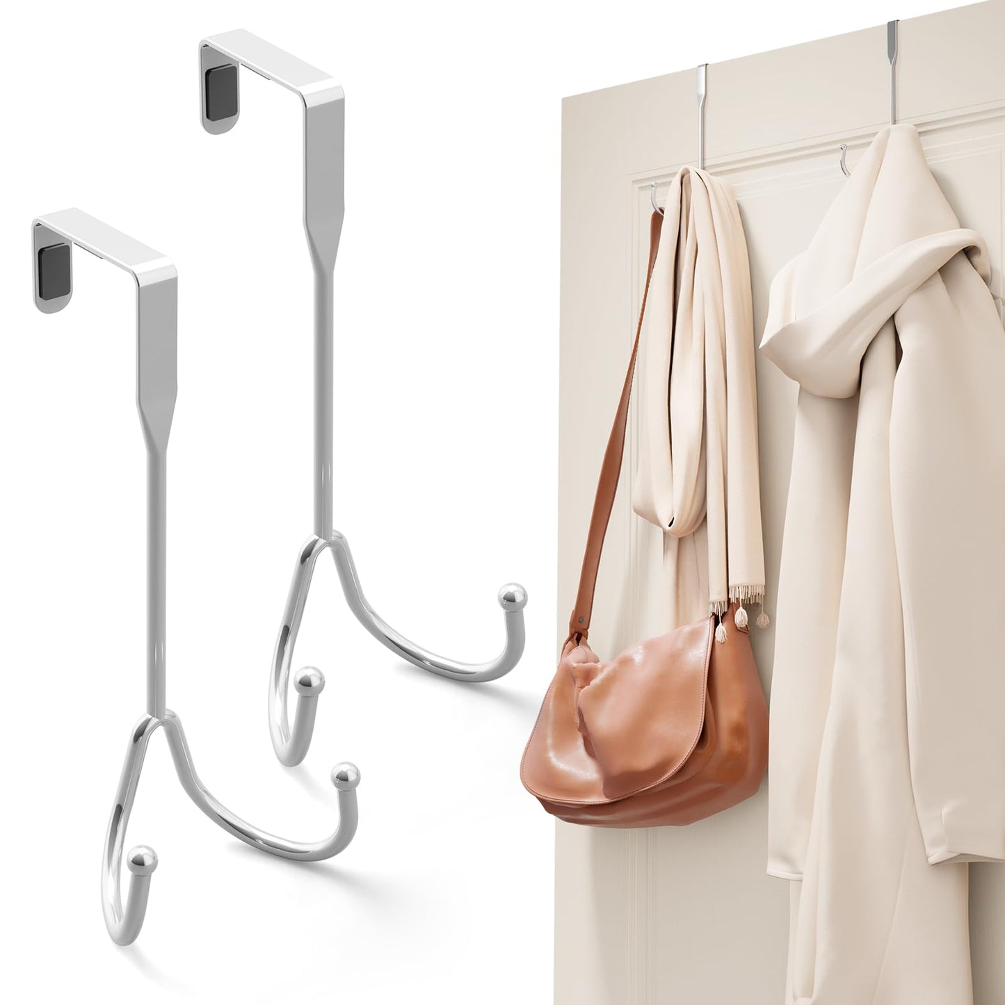 2 Pack Over The Door Hooks, Over The Door Hanger Heavy Duty Metal Double Hook, Over The Door Towel Rack for Bathroom, Door Hanger Hook & Door Coat Hanger for Coats, Robes, Towels, Bags (Silver)