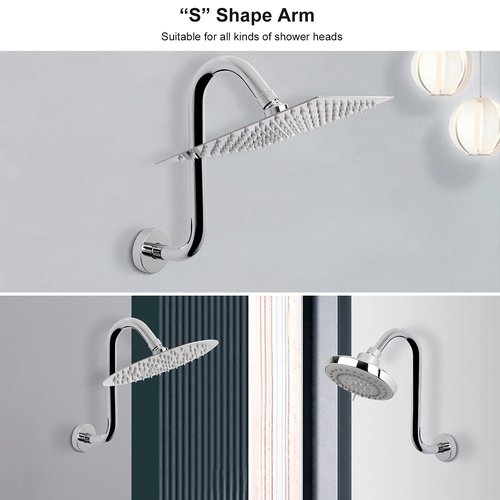 NearMoon S Shaped Shower Head Riser Pipe, Shower Extender Arm with Flange, Standard 1/2" Connection- Bathroom Accessory, 12 Inch (1 Pack, Chrome)