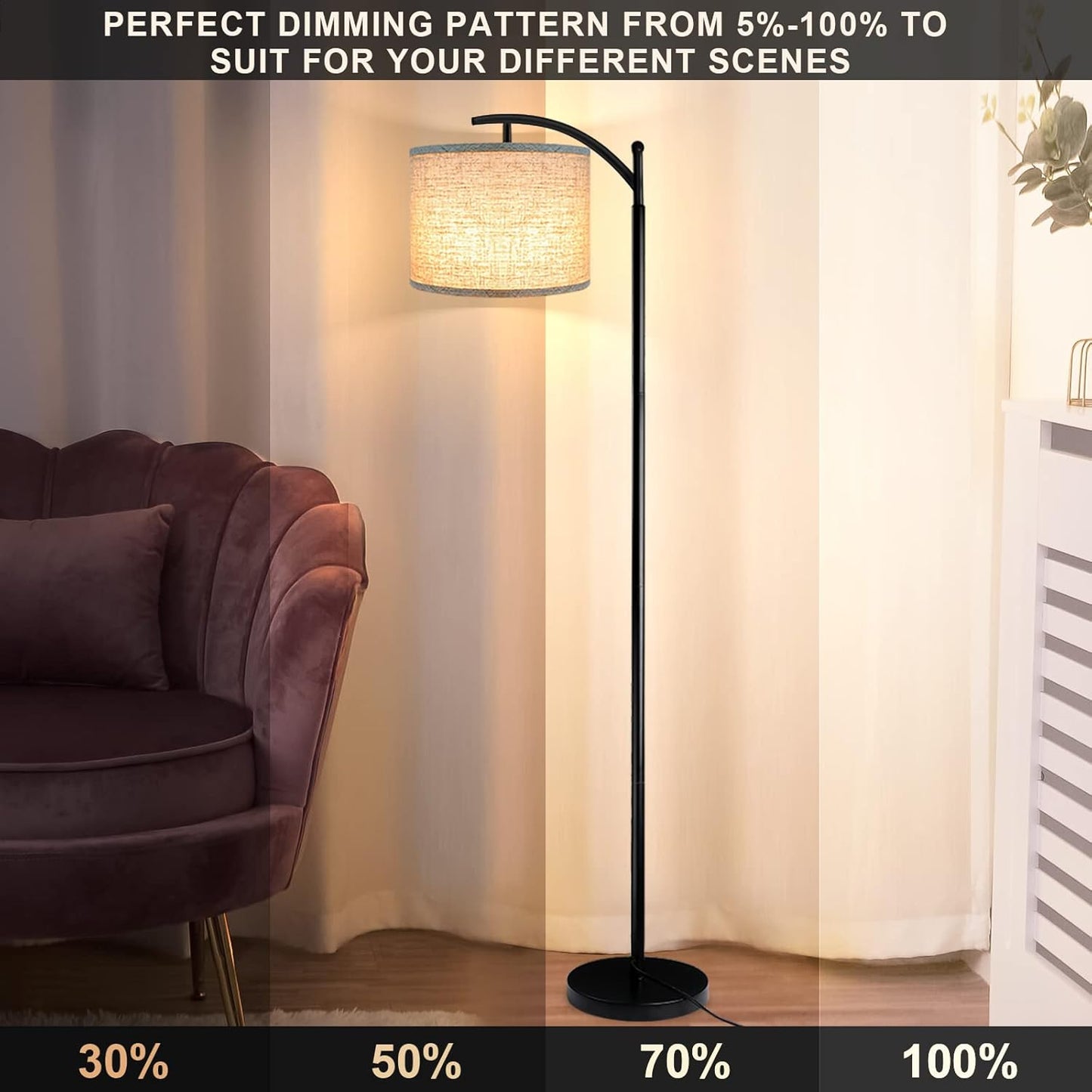 ROTTOGOON Floor Lamp for Living Room with 3 Color Temperatures LED Bulb, Standing Lamp Tall Industrial Floor Lamp Reading for Bedroom, Office (9W LED Bulb, Beige Lampshade Included) -Black