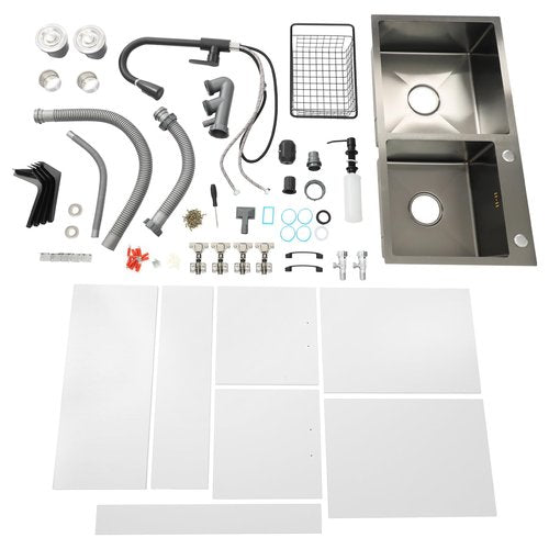 32-Inch Laundry Sink with Cabinet and Pull-Out Sprayer Faucet, Stainless Steel Utility Sink with Soap Dispenser and Drainage Basket, Cabinet with Double Bowl Sink for Laundry Room, Kitchen, Garage