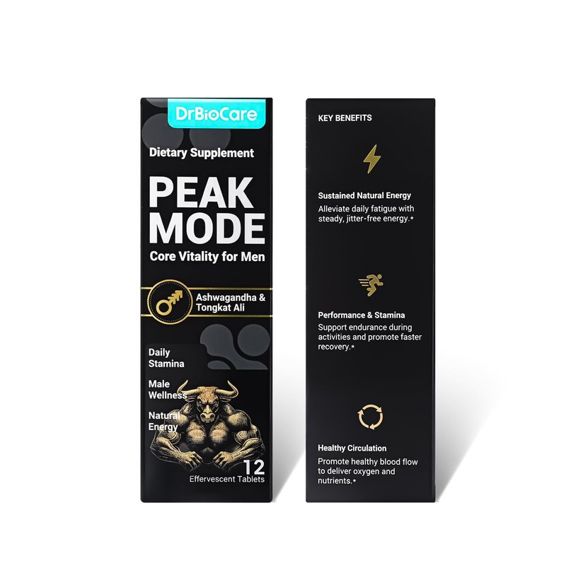 DrBioCare Peak Mode Core Vitality for Men 7-in-1 Effervescent Tablets | Tongkat Ali, Maca & L-Arginine，Ashwagandha, | Boost Stamina, Drive & Blood Flow for Good Performance | Berry Flavor 12 Tablets