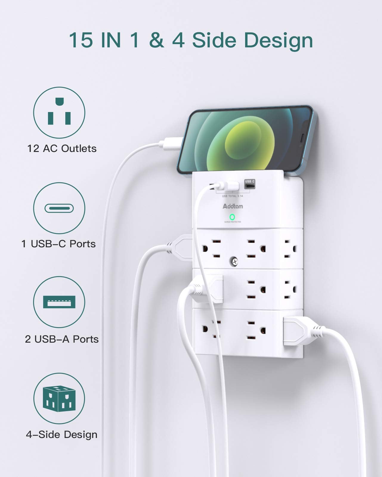 Addtam Outlet Extender with 12 AC Outlets and 3 USB Ports (1 USB-C), White