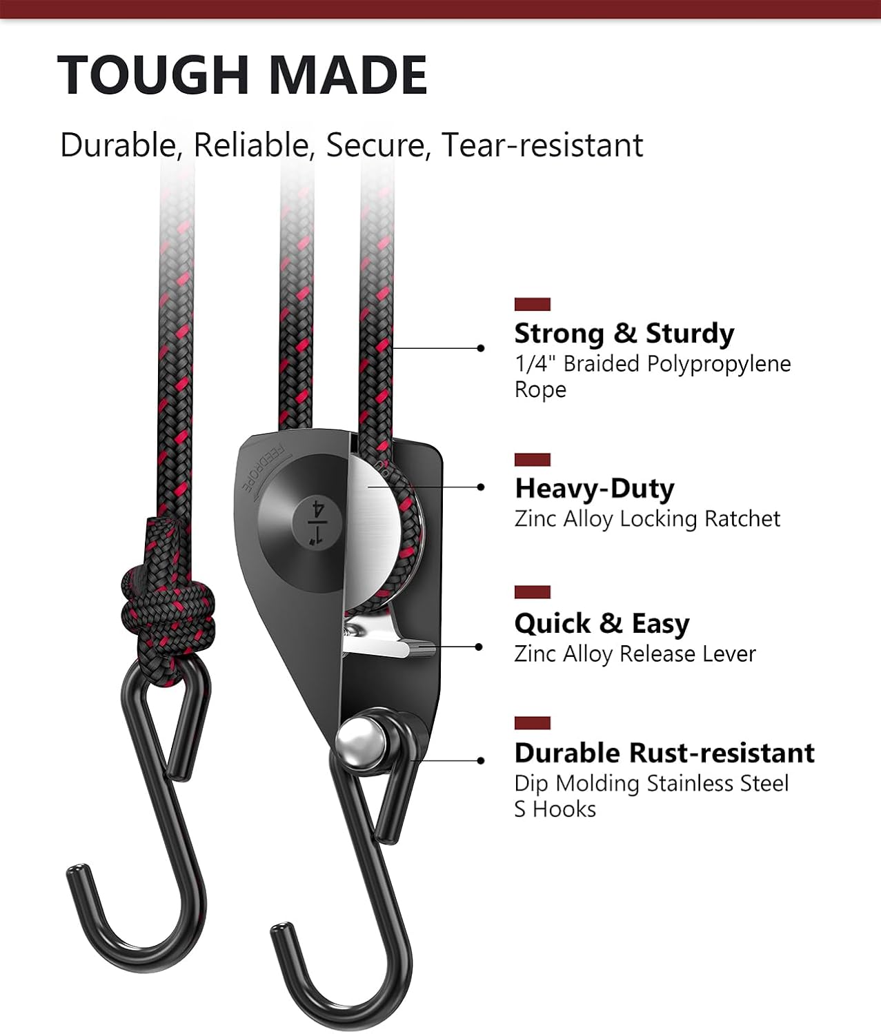 VIPARSPECTRA Retractable Heavy Duty Ratchet Tie Down Straps [4 Pack, 8ft, 75lbs/Pack], Rope Pulley System Rollers with Carabiner Hook for Kayak/Hanging Plants/Grow Light/Tents Various Tie-Down Uses