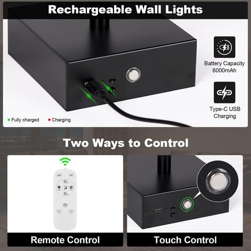 JZEKVN Battery Operated Wall Sconce Set of Two with Remote Control, 3000K-6000K Dimmable Black Wall Lights, Timable LED Wireless Wall Sconces, 350° Ratate for Bathroom, Living Room, Hallway 29.1 Inch