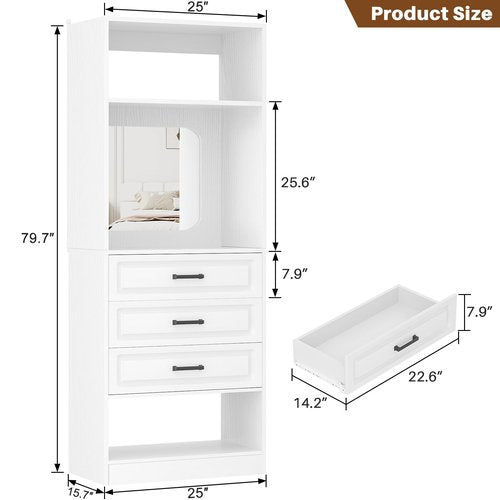 Unikito 25”Freestanding Closet System with 3 Drawers, Closets Organizer Wardrobe with Storage Shelves and Mirror, Sturdy Wood Walk-in Closet Systems for Small Closets, 25" W x 16" D x 80" H, White