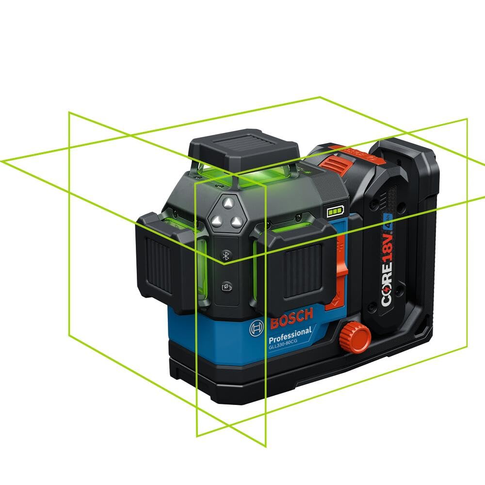 BOSCH GLL330-80CGL 18V 360º Connected Green-Beam Three-Plane Leveling and Alignment Laser with 4 Ah Battery - Versatile, High-Visibility Laser with Bluetooth Connectivity and Smart Pendulum System