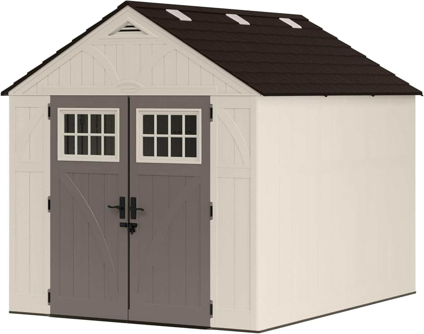 Suncast 8’x10’ Tremont Resin Shed, Vanilla & Slate – Backyard Storage Unit with Skylights, Corner Shelves, Reinforced Floor & Double Doors – Store Lawn Mower, Garden Equipment & Outdoor Tools