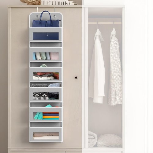 Simple Houseware 6 Clear Window Pocket Over Closet Door Storage Hanging Organizer for Bedroom, Bathroom, Pantry, Gray