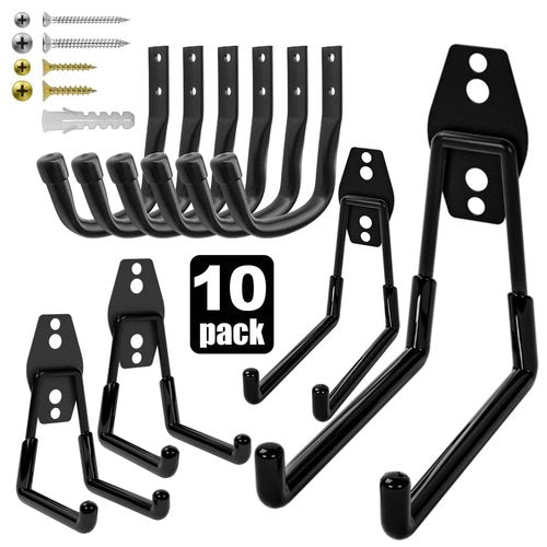 Jikro 10-Pack Heavy Duty Garage Wall Hooks – Utility J Hooks for Hanging Ladders, Bikes, Power Tools with Anti-Slip Coating