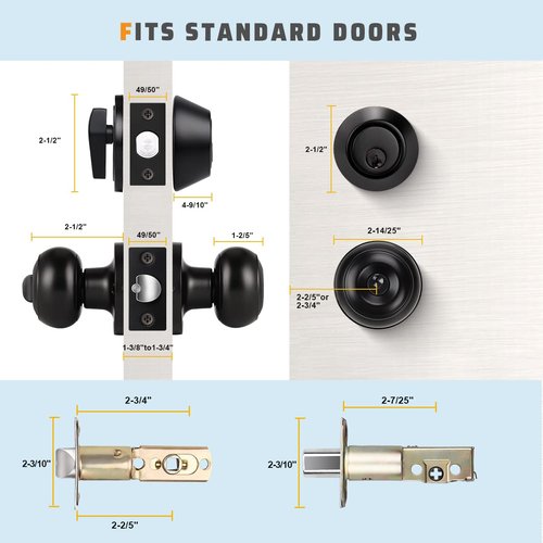 KNOBWELL 3 Pack Keyed Alike Entry Door Knobs and Single Cylinder Deadbolt Lock Combo Set Security for Exterior and Front Door, Keyed Entry Door Locksets with Deadbolt, Matte Black Finish